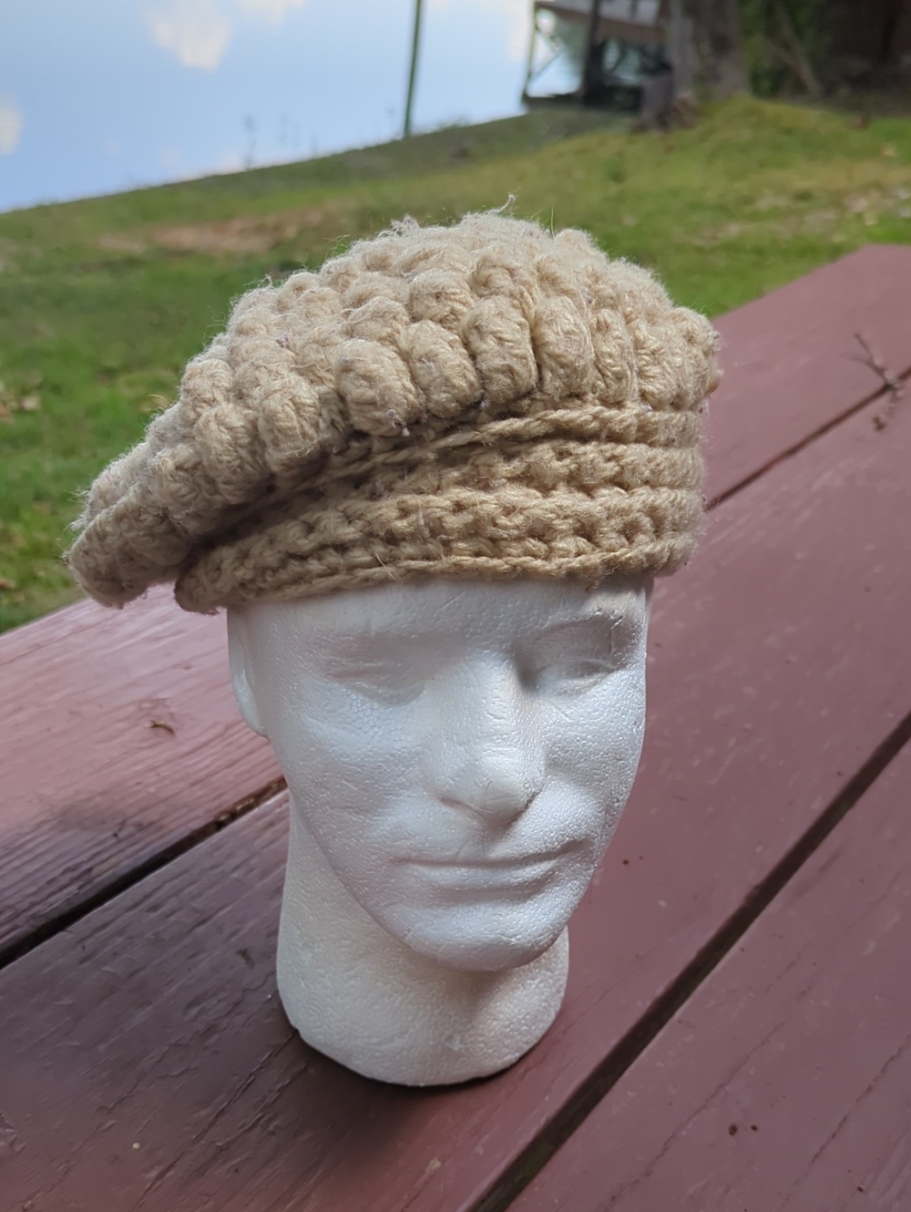 VINTAGE Hand-Knit Beige Crochet Beret Hat